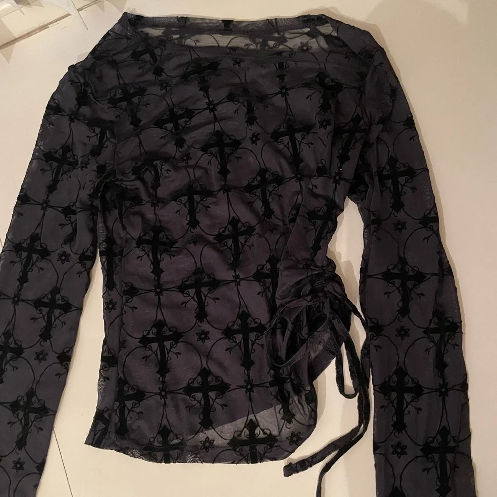 Sheer Black Ruched Top with Cross Design - Picture 3 of 4
